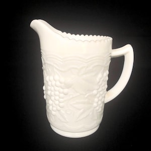 Vintage Imperial Glass 16oz MilkGlass Pitcher / Creamer with Embossed Grape & Leaf Design c1950s