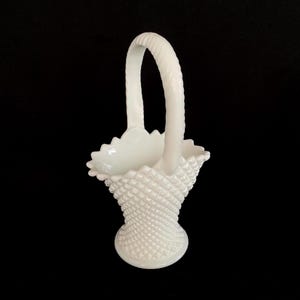 Vintage Westmoreland Milk Glass Diamond Point - English Hobnail Handled Basket Vase  c1950s