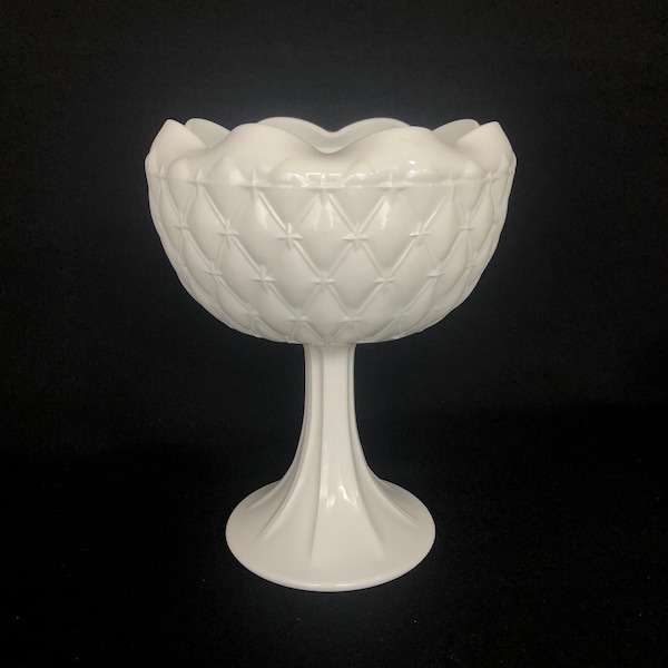 Vintage 9" Tall x 7" Wide Milk Glass Quilted Pattern Crimped Rim Planter Vase Centrepiece - MilkGlass - Wedding Centrepiece