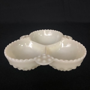 ANTIQUE Hobnail Milk Glass Three Bowl Server - Divided MilkGlass Dish