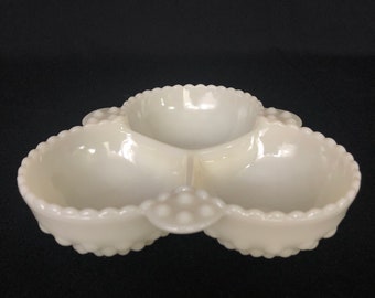ANTIQUE Hobnail Milk Glass Three Bowl Server - Divided MilkGlass Dish
