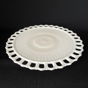 RARE - Gorgeous Vintage 10&quot; MilkGlass Cake Plate - Short Footed Pedestal - Reticulated Rim - Milk Glass Low Cake Stand - Reversible