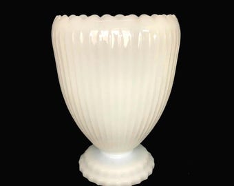 Vintage NAPCO Ribbed MilkGlass Footed Scalloped Rim Wide-Mouth Vase - Vintage Milk Glass