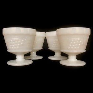 Set of 4 Matching Embossed Grape & Leave Pattern MilkGlass Dessert Dishes - Coupe - Footed Bowls - Dessert Nappie - Small Compotes c1950s