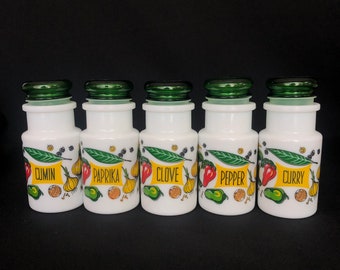 ヴィンテージ ホワイト ミルク ガラス スパイス ジャー 蓋付き 5 個