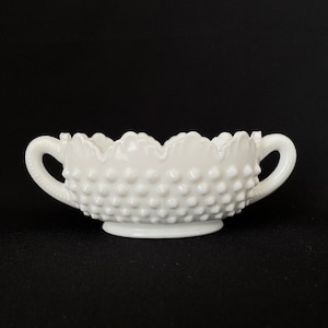 Vintage FENTON Hobnail Milk Glass Nut Bowl, Double Handled Scalloped / Sawtooth Rim Oval Nut Bowl / Candy Dish / Trinket Dish - Unmarked