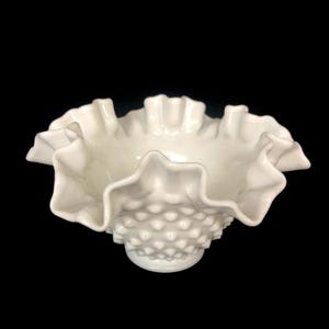 Vintage Hobnail Milk Glass Ruffled Rim Dish Bowl Vase - MilkGlass