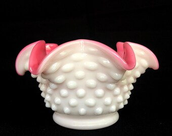 Vintage Hobnail MilkGlass en Blush Pink Bowl-vaas - melkglas