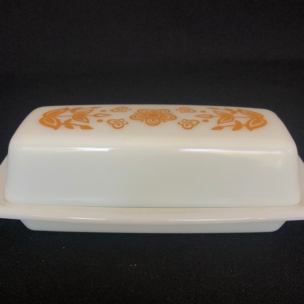 Vintage PYREX Milk Glass Butterfly Gold Covered Butter Dish - Vintage PYREX - Retro Kitchen