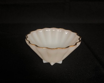 Gorgeous Little Scalloped Gold Rimmed Vintage MilkGlass Bowl Dish with Star Base