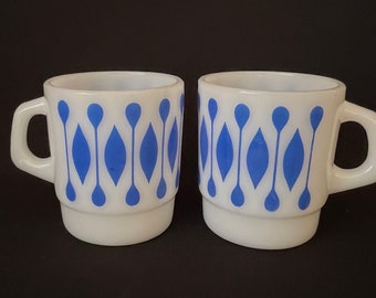 4 tasses café & sous-tasses vntage bleu et blanc en verre opaln de