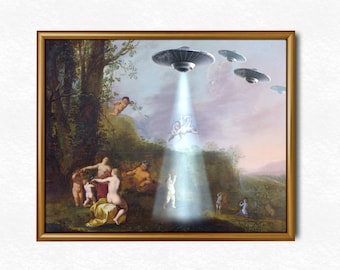 Puede incluir: Una pintura enmarcada que representa a un grupo de personas en un entorno boscoso. Un rayo de luz brilla desde arriba, donde se pueden ver tres platillos voladores en el cielo.