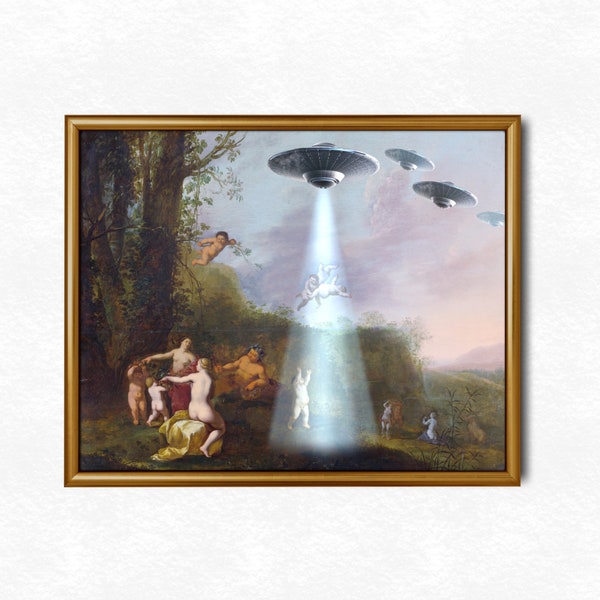 alter art, alien abduction, UFO, banksy, banksy wall art, printable wall art, eclectic wall art, eclectic prints, altered art