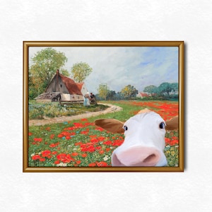alter art, cow print, thrift store painting altered, banksy wall art, printable wall art, eclectic wall art, eclectic prints, altered art