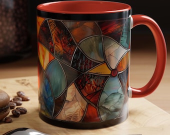 Koffiemok met gebrandschilderd glas: levendige abstracte kunst, boho-decor