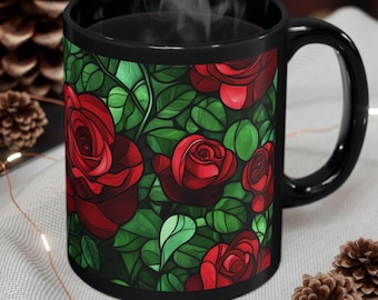 Red Rose Black Coffee Mug: Elegant Floral Tea Cup