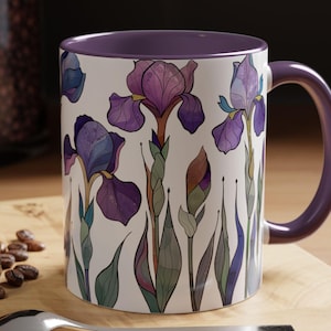Paarse iris bloemenaccent koffiemok elegante botanische kunst theeliefhebbers, woondecoratie, Moederdag uniek drinkgerei