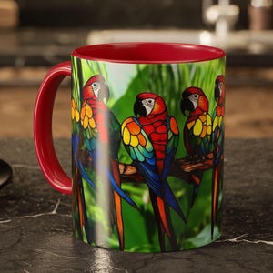 Vibrant Macaw Magic  Mug, Colorful Coffee Cup, Decorative Drinkware, Unique Gift for Nature Lovers, Holiday Gift Idea, Artful Kitchen Decor