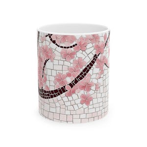 Pink Cherry Blossom Brick Pattern Ceramic Coffee Mug,Quality unique design Tea cup,Japanese inspired drinking vessel