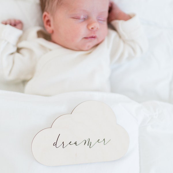 Newborn Wooden Cloud Plaque | Birth Announcement | Baby Shower Gift | Photoshoot Prop | Hello World, Little Love, I'm Here, Dreamer