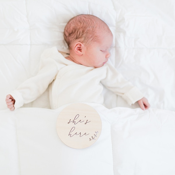 Newborn She's Here / He's Here - Wooden Plaque | Newborn Photoshoot | Photo Prop | Hospital Birth Announcement