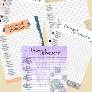 Puede incluir: Cuatro páginas imprimibles de inventario de contraseñas con diferentes fondos. Las páginas tienen un diseño de líneas y las palabras "Password Inventory" en la parte superior. Una página tiene un fondo morado con un efecto de brillo y burbujas iridiscentes. Otra página tiene un fondo marrón claro con un diseño floral. Las otras dos páginas tienen un fondo azul verdoso y negro con un efecto de papel rasgado.