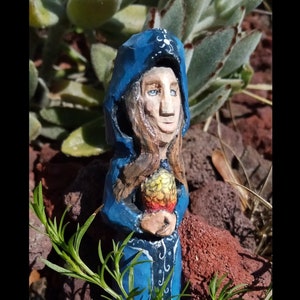 Hand Whittled and Painted Wooden Sorcerer Magician Holding Dragon Egg