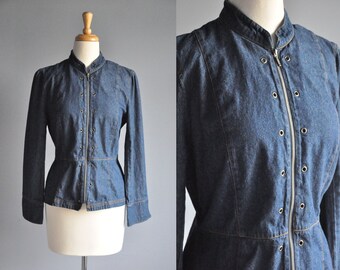 collarless jean blouse Classic denim shirt Size LXL.