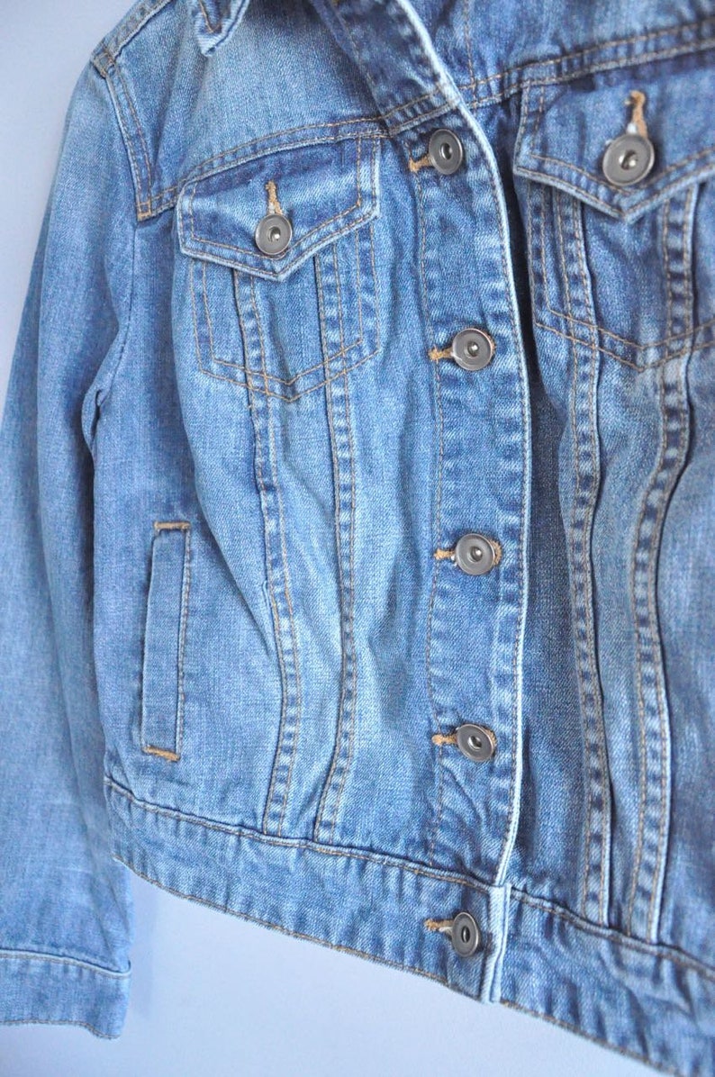 XS extra small 90s jean jacket classic 1990s clothing clothes spring fashion outerwear, vintage women/'s denim coat button up collared