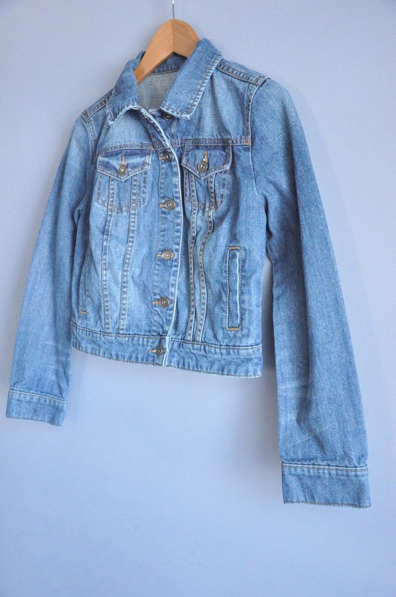 XS extra small 90s jean jacket classic 1990s clothing clothes spring fashion outerwear, vintage women/'s denim coat button up collared