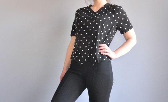 vc2 90s Crop Top Black /& White Polka Dot Blouse Vintage Plus Size 1618 Short Sleeves Stretchy Shirt