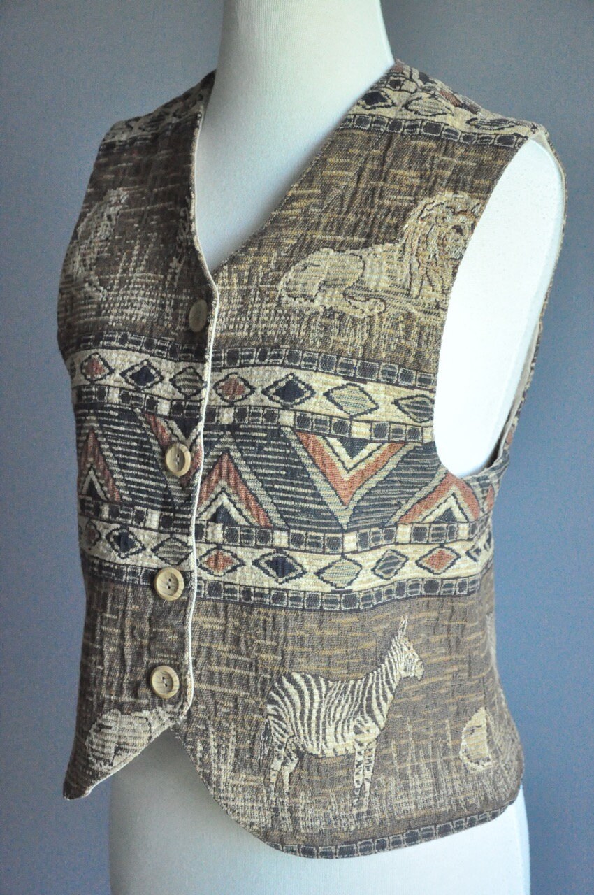 80s tapestry vest vintage women's sleeveless button up Etsy