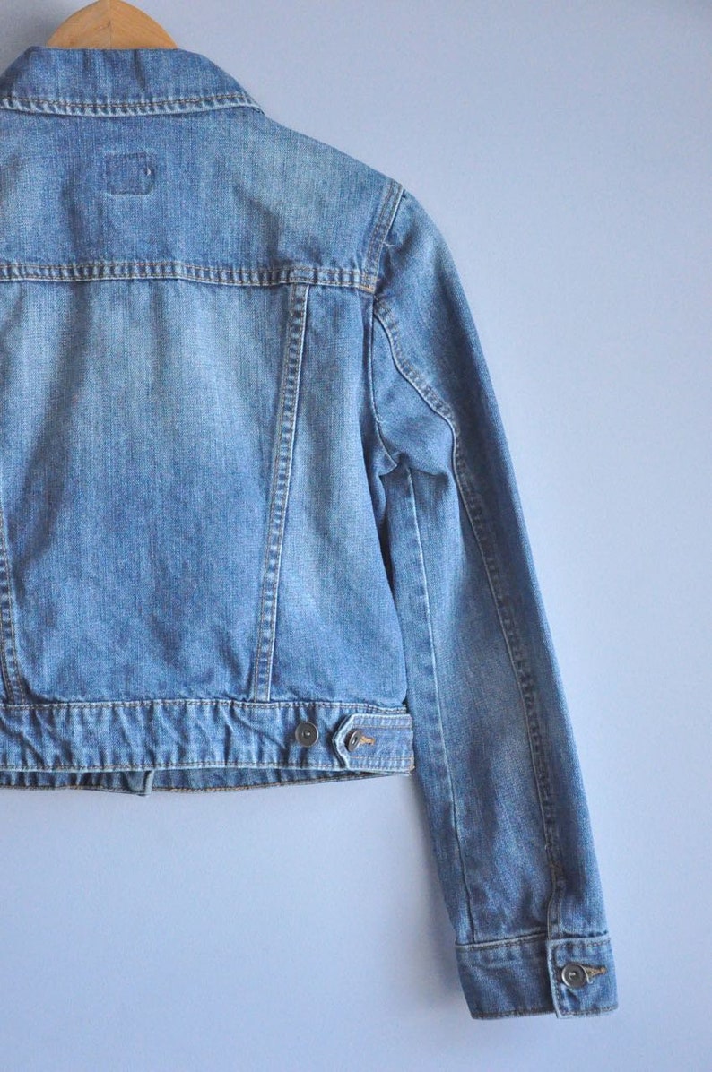 XS extra small 90s jean jacket classic 1990s clothing clothes spring fashion outerwear, vintage women/'s denim coat button up collared