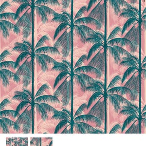 Könnte beinhalten: Ein sich wiederholendes Muster aus türkisfarbenen Palmen vor einem rosa Hintergrund. Das Bild ist ein Stoffdesign, mit dem Text "RUBY STAR SOCIETY - POOLSIDE TOO - CANVAS - PLUM".
