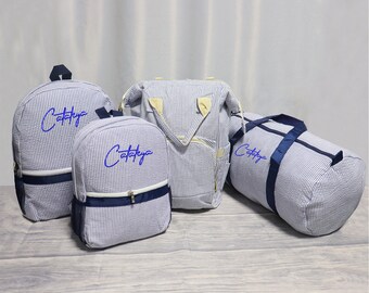 Personalized seersucker duffel bag, Seersucker travel bag，Toddler Backpack, Personalized Kids' Backpack, Seersucker Preppy Backpack