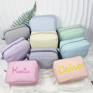 Personalized Seersucker Cosmetic Bag, Monogrammed Toiletry Bag, Embroidered Make Up Bag,Bridesmaid Makeup Bag, Bridesmaid Gift, Women Gifts