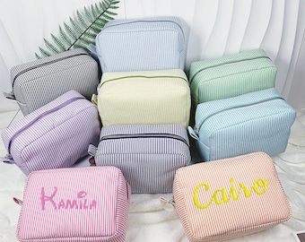 Personalized Seersucker Cosmetic Bag, Monogrammed Toiletry Bag, Embroidered Make Up Bag,Bridesmaid Makeup Bag, Bridesmaid Gift, Women Gifts