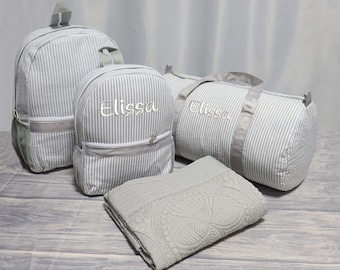 Personalized seersucker duffel bag, Seersucker travel bag，Toddler Backpack, Personalized Kids' Backpack, Seersucker Preppy Backpack