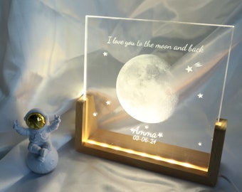 Lámpara de cristal con fases lunares personalizada, luz nocturna de cristal lunar personalizada, La noche que nos conocimos, El día que naciste, regalo para mamá, regalo para papá