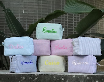 Personalized Seersucker Cosmetic Bag, Monogrammed Toiletry Bag, Embroidered Make Up Bag,Bridesmaid Makeup Bag, Bridesmaid Gift, Women Gifts
