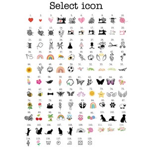 May include: A chart with 120 different icons, including hearts, sewing machines, rainbows, butterflies, bees, flowers, and more. The icons are numbered 1 through 120.
