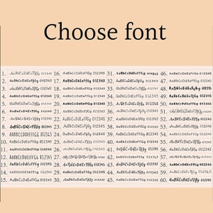 May include: A list of 60 different font styles numbered 1 through 60. Each font style is displayed with the text "AaBbCcDdEeFfGg 012345". The text "Choose font" is displayed at the top of the image.