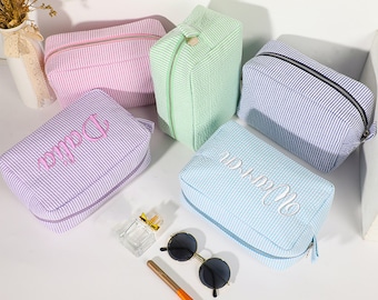 Personalized Seersucker Cosmetic Bag, Monogrammed Toiletry Bag, Embroidered Make Up Bag,Bridesmaid Makeup Bag, Bridesmaid Gift, Women Gifts
