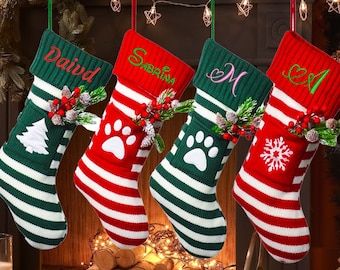 Personalized Knit Christmas StockingsCustom Embroidered Name Striped Knitted Red Green Fireplace for Family Decorations Holiday  Gift