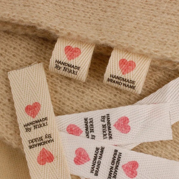 Katoen met logo of tekst Label voor naaiaccessoires, aangepaste kledinglabels, labels voor handgemaakte items, kledinglabels, labels innaaien