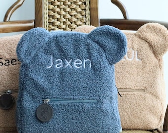 Personalized baby backpack, kids embroidered name backpack, custom monogrammed preschool backpack, name bear bag, gift plush travel backpack
