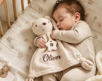 Personalized Organic Cotton Baby Lovey Blanket | Custom Embroidered Name Animal Security Comforter with Teether,Newborn Baby Shower Gift