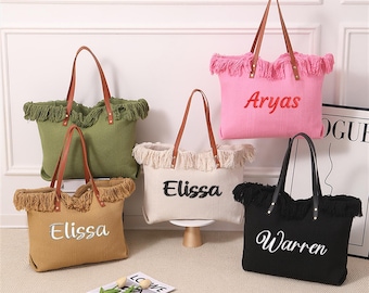 Bridesmaid Tote Bags with Custom Embroidery, Canvas Bags for Bridal Party Gifts, Boho Fringe & Beach Totes for Brides, Girls Trip Gift