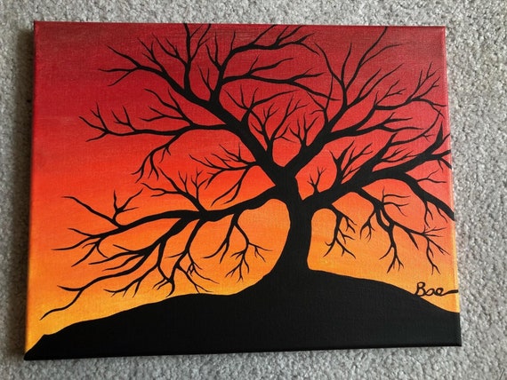 Black Tree Silhouette At Sunset Acrylic Painting On 11 X 14 Etsy