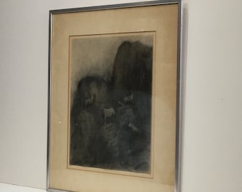 Mordern Mid Century Abstract Drawing (Mountain Goats) by Kathleen Cooke 1969